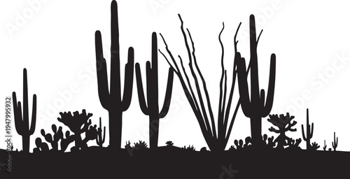 Black silhouette vector illustration of cactus desert landscape