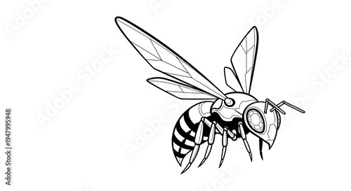 Black and White Illustration of a Wasp with Detailed Wings and Body