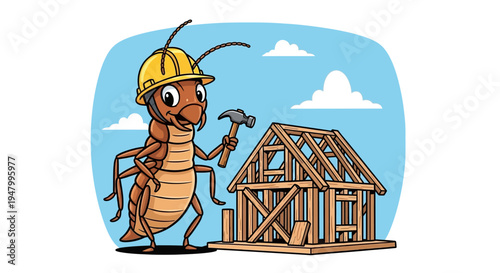 A cartoon cockroach wearing a hard hat and holding a hammer, building a wooden house frame, illustration