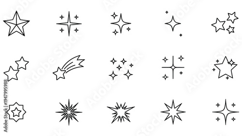 Set of star and spark line icons. shine, magic, glitter, sparkle, twinkle, light, bright, award, success, celebration concept