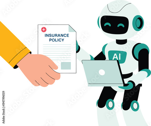 A robot is handing over an insurance policy to a person