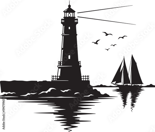 Vector lighthouse silhouette with sailboats and seagulls