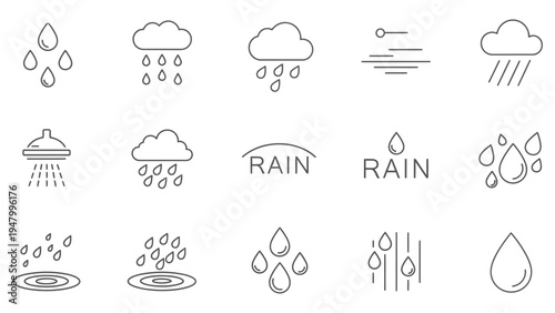 Rain and water drop line icon set with clouds shower and ripple weather symbols