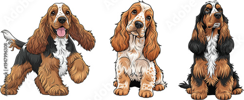 English Cocker Spaniel dog sitting curious attentive playful pose set