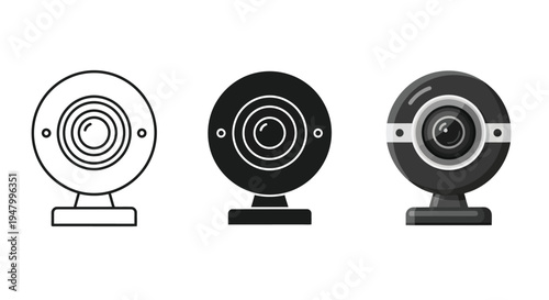 Collection of three distinct web camera icons showcasing line art solid silhouette and flat design variations for digital media