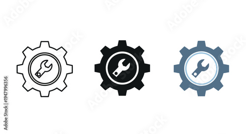 A collection of three distinct gear and wrench icons representing maintenance settings or technical service configurations for digital interfaces