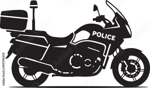 Vector police motorcycle icon, black and white illustration