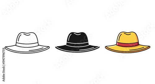 Vector illustration set featuring various classic fedora hats in outline, solid black, and colorful yellow versions, perfect for diverse design projects.
