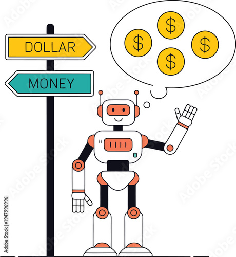 A robot is thinking about money and dollars