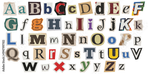 Ransom note style alphabet set with colorful cut out letters from newspapers and magazines vector illustration on white background