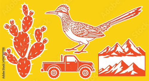 Retro Southwest Adventure Sticker Set with Roadrunner and 4x4 Truck,rugged off-road pickup truck, prickly pear cactus, and sharp mountain silhouettes