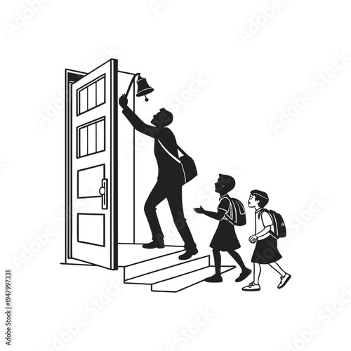 Man ringing a doorbell while two children stand nearby on the doorstep waiting politely in a neighborhood scene