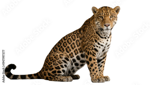 Fotografija Isolated majestic jaguar sitting calmly, showcasing its beautiful spotted fur an