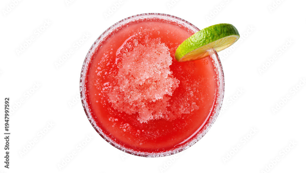 Obraz premium Isolated top view of a vibrant red frozen cocktail with a fresh lime wedge and a frosted sugar rim