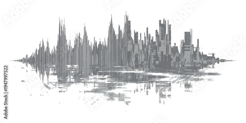 Abstract futuristic cityscape skyline silhouette with digital glitch effect and monochrome grey tones vector illustration
