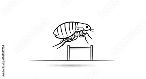 Agile flea, an insect pest, skillfully jumping over a small hurdle, illustrating resilience and the ongoing challenge of pest control; simple line illustration