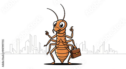 Confident cartoon professional insect, a business bug, stands with briefcase and thumbs-up against city skyline, symbolizing readiness and ambition