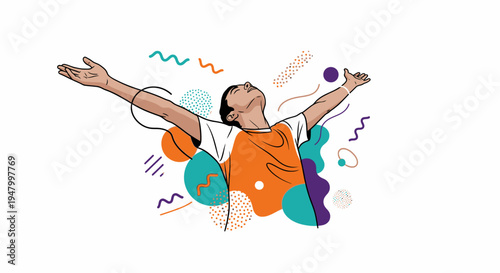 Modern professional embracing business growth and creative breakthrough in a high-energy corporate memphis illustration