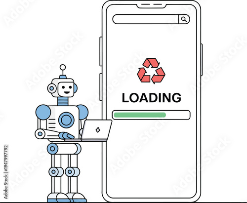 A robot standing next to a large smartphone with a loading screen