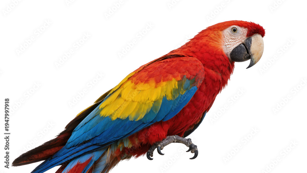 Fototapeta premium Isolated vibrant Scarlet Macaw parrot with bright red, yellow, and blue plumage.