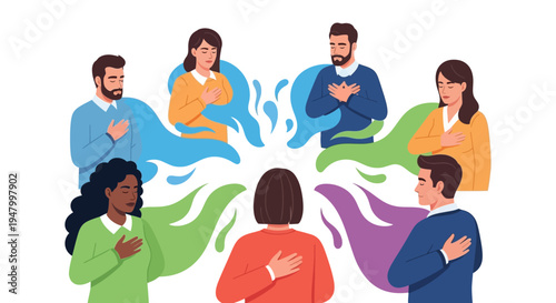 Inclusive corporate team practicing mindfulness and shared values to foster psychological safety and workplace synergy