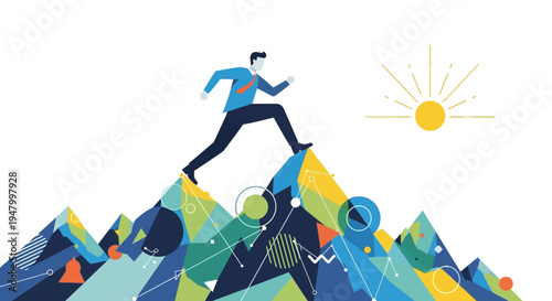 Determined business executive scaling colorful peaks of corporate success and visionary growth to achieve strategic market leadership goals