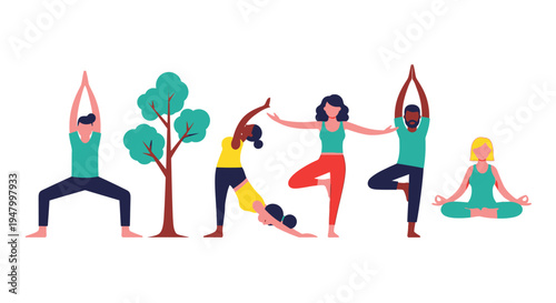 Diverse professionals practicing yoga and mindfulness for corporate wellness programs and employee mental health balance in modern Corporate Memphis style.