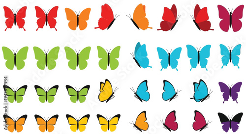 Collection of vibrant illustrated butterfly icons displaying various colors and different angles of wing positions for design projects and nature themed graphics.