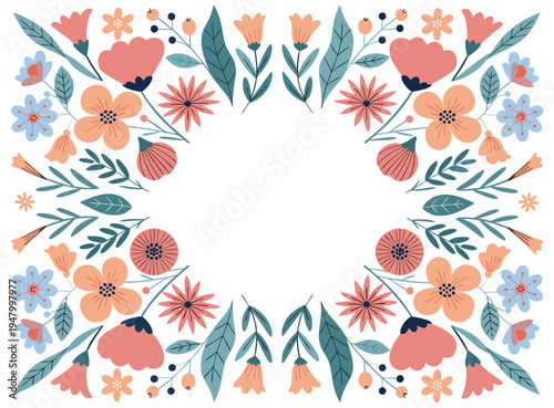 pastel color. Flower frame with leaves. making square Vector flowers isolated on a white background. It can be used for postcards, banners, wedding invitations.