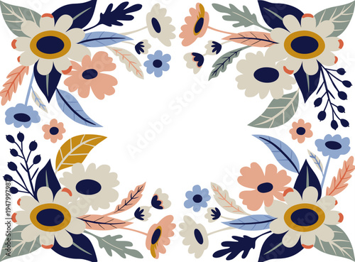 pastel color. Flower frame with leaves. making square Vector flowers isolated on a white background. It can be used for postcards, banners, wedding invitations.