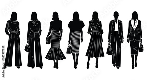 Collection of diverse female fashion silhouettes showcasing various professional and elegant clothing styles including pantsuits skirts and dramatic dresses for contemporary business wear concepts