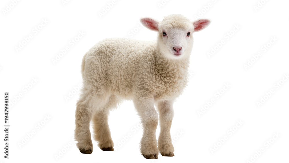 Fototapeta premium Isolated cute white lamb stands confidently, looking into camera, fluffy woolly sheep
