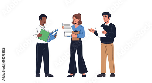 Three diverse business professionals standing together reviewing important documents and collaborating on a project discussion during a meeting.