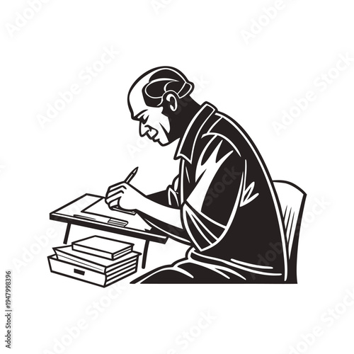 Elderly person sitting at a desk writing thoughtfully in a notebook with books nearby representing wisdom, learning, and reflection
