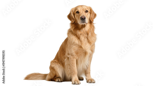 Isolated beautiful purebred golden retriever dog sitting looking directly at the viewer