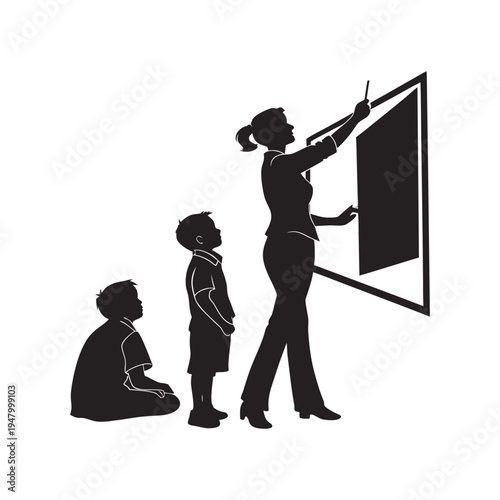 Teacher instructing attentive students in front of a blackboard during a structured classroom lesson in a traditional school setting