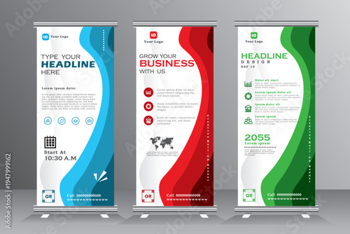 Roll up banner design for events, annual meetings, presentations, marketing, promotions, vertical banner, roll up banner with red, blue, green print ready colors