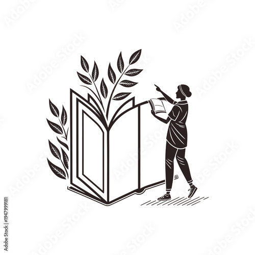 Creative concept of a person placing a book into a giant open book with a tree growing from it symbolizing knowledge and growth