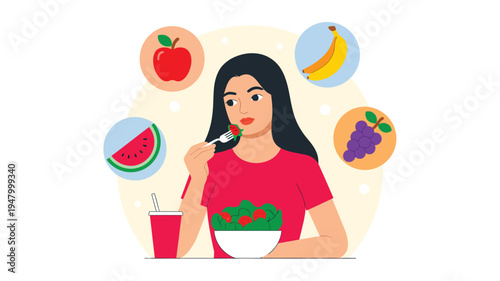 Healthy eating illustration with woman enjoying fresh salad and drink, surrounded by fruits including apple, banana, grapes, and watermelon, symbolizing nutrition, wellness, and balanced lifestyle 