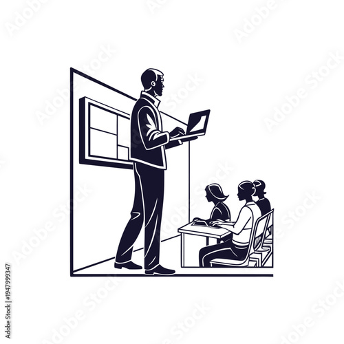 Teacher presenting a modern lesson to students using a laptop in a technology-enabled classroom learning environment