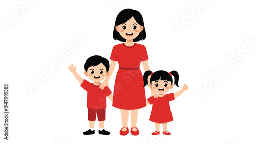  Cartoon family illustration with smiling mother and two children raising hands, symbolizing happiness, love, parenting, childhood, togetherness, unity, and family bonding concepts
