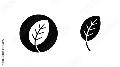 Minimalist black and white leaf icons with vein details, one enclosed in a solid circle and one standalone, symbolizing nature, environment, sustainability, and eco-friendly design concepts 