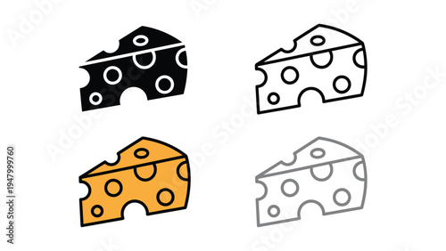  Set of four stylized cheese wedge icons in black, white, yellow-orange, and gray variations, symbolizing food, dairy, nutrition, and playful design for branding or culinary illustration