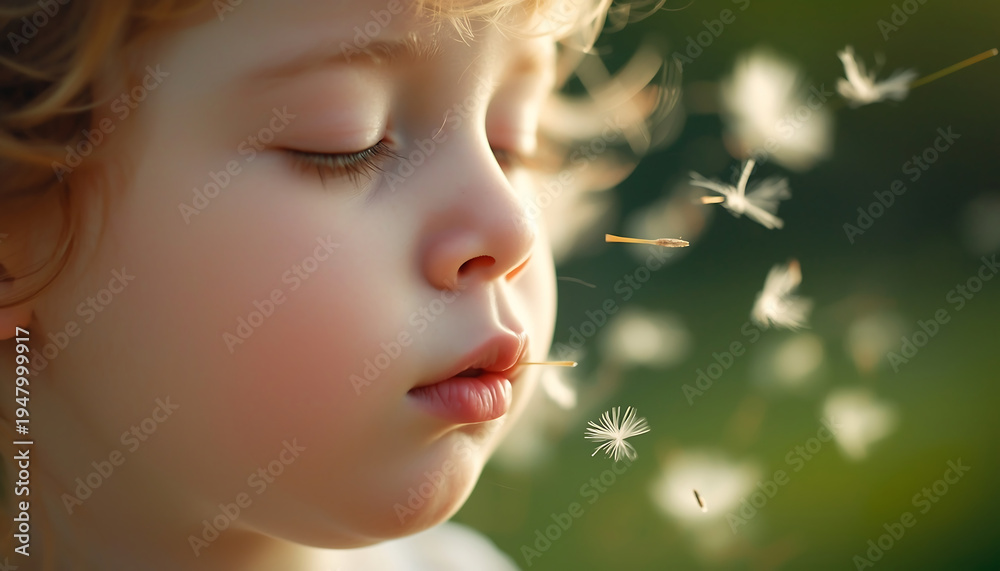 Fototapeta premium A sweet young child with closed eyes gently blowing dandelion seeds into the soft, warm sunlight.