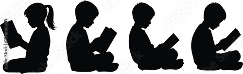 Children reading book silhouettes showing kids sitting and studying isolated on white background, childhood education, literacy and learning concept illustration set