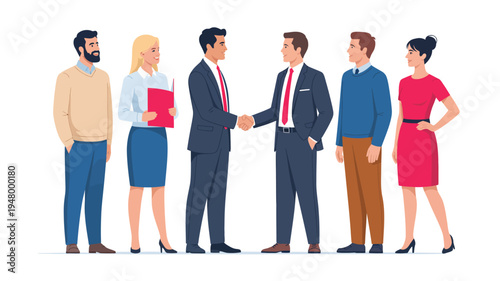  Six business professionals in formal attire with two men shaking hands, symbolizing agreement, networking, teamwork, and collaboration in a corporate environment vector illustration
