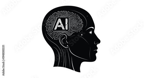 Black and white silhouette of a human head profile featuring an integrated artificial intelligence circuit board