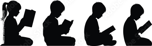Children reading books silhouettes featuring kids sitting and studying isolated on white background, education, learning and childhood literacy concept illustration set