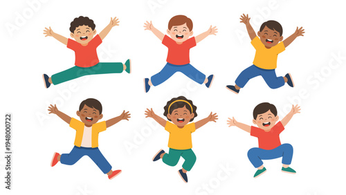 Six diverse cartoon children jumping with wide smiles and raised arms, expressing happiness, inclusivity, and playful energy, perfect for educational, child-focused, and lifestyle vector illustration 
