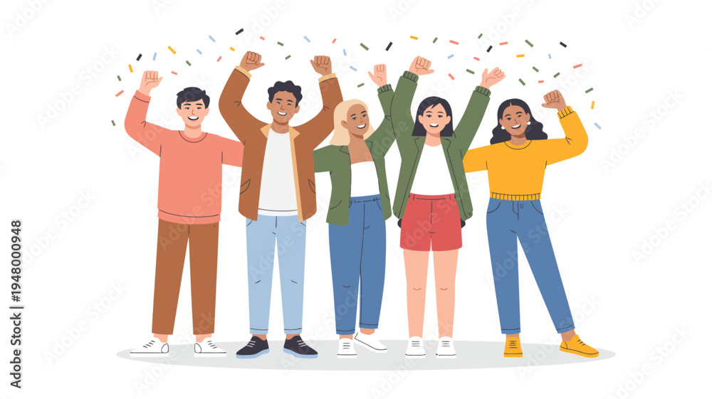 Fototapeta premium Five joyful people raising arms in celebration with colorful confetti falling, symbolizing unity, happiness, teamwork, achievement, and festive success in modern vector illustration 